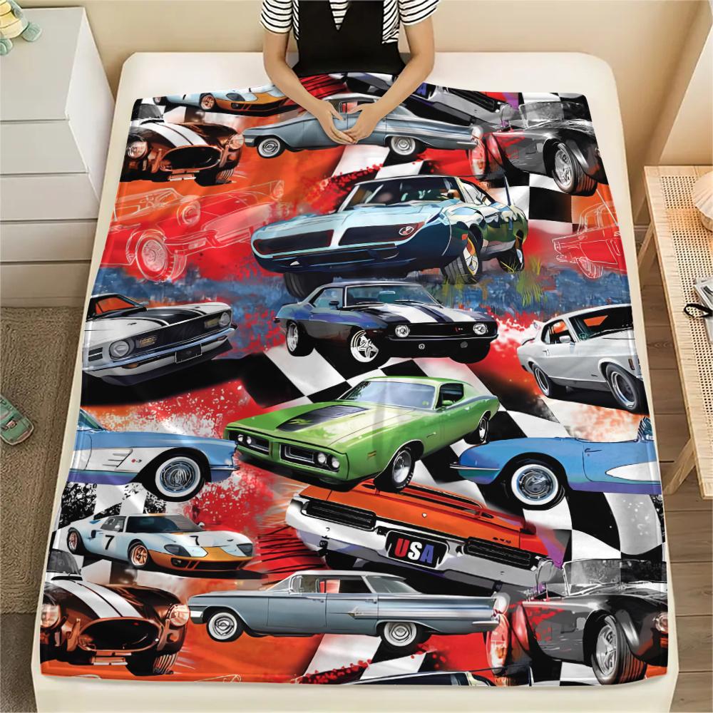 1Pc Vintage Car Print Flannel Blanket, High quality Comfortable for All Seasons, Home Decor, Warmth and Comfort, Perfect for Christmas Gifts
