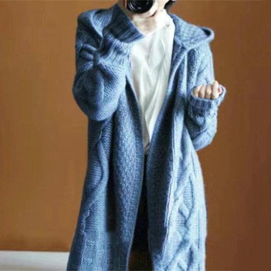 Women Winter Sweater Coat Knitted Thick Hooded Long Sleeve Mid-calf Length Loose Cardiagn Open Stitch Solid Color Soft Oversized Midi Autumn Jacket