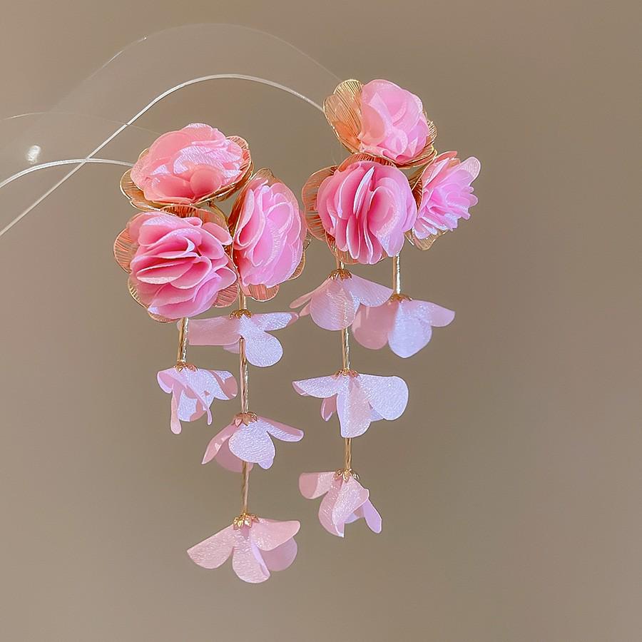 Серьги с кисточками в виде цветов из шифона "Серебряная игла", Милый стиль Мори, Дофаминовый тренд, Универсальные женские серьги