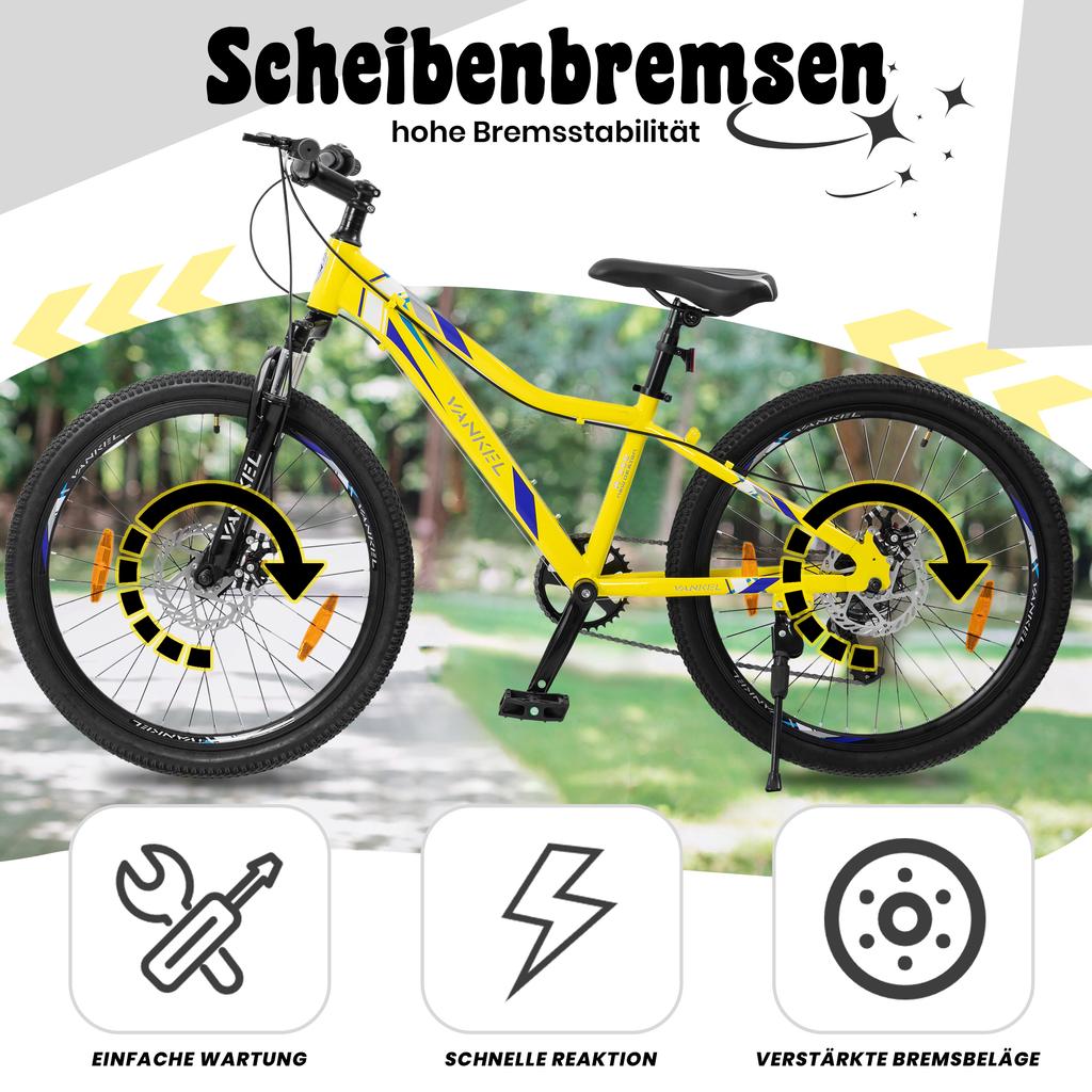 Mountain Bike 24 Inch Boys Girls Kids Bike 6 Speed Gear Chain Derailleur for Kids from 130 cm, Robust Steel Frame and Shock-Absorbing Fork
