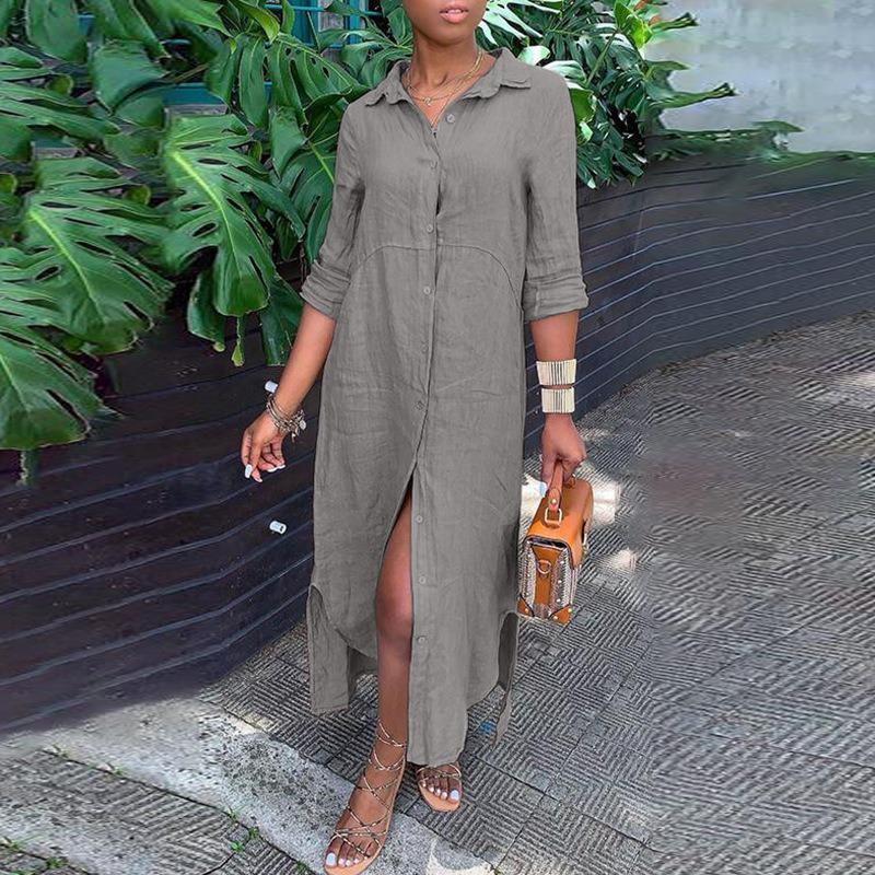 Длинное платье с блузкой и воротником-пуговицей