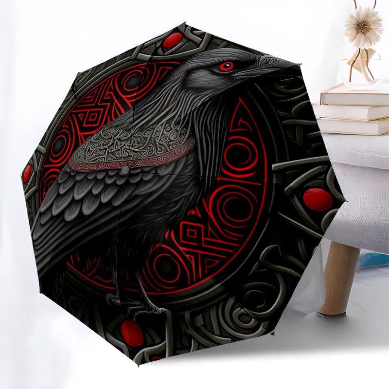 Raven Totem: Mystical Norse OrnamentUmbrella with Cute Design,Portable 3-Fold Compact Umbrella for Men&Women,Valentine's Day Mother's Day Ha