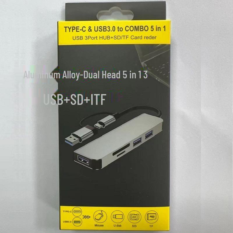 Док-станция расширения «пять в одном» Type-C/USB: Концентратор-разветвитель с многофункциональным картридером (ТФ/СД) из алюминиевого сплава