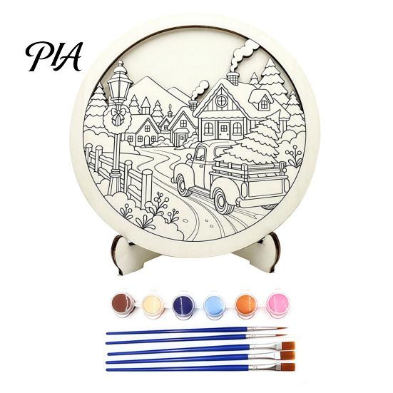 Wooden Christmas Table Decor Ornament DIY Coloring Kit, Kit with Stand, Paint Ornaments for Kids Strip And Brushes, Hand-Colored Holiday Decoration