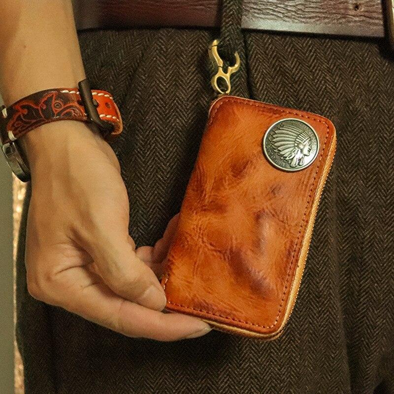 Handmade Geanuine Leather Key Case Wallet for Car and Card Case Keychain Wallet with Key Ring