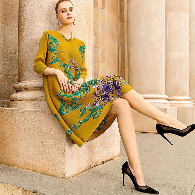 Женское платье, модное плиссированное платье с принтом, весна-осень 2022, новое платье для беременных с длинным рукавом и круглым вырезом, одежда, топы