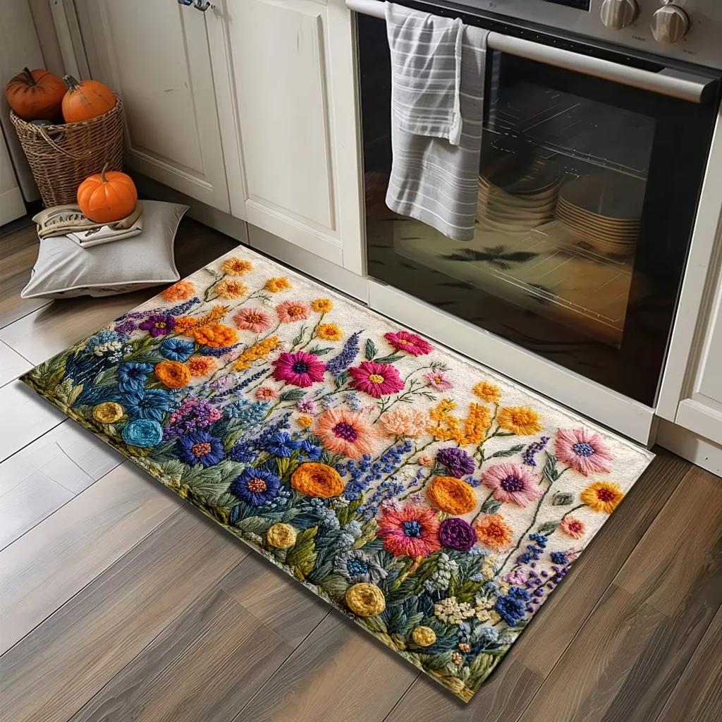 Floral Kitchen Runner Rug 3D Embroidery Style Colorful Flower Non-Slip Washable Mat for Home Decor
