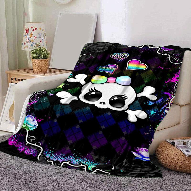 1pc Skull Printing Lightweight Flannel Blanket, Comfortable and Warm Blanket, for Camping Sofa Bed and Couch Office, Gift