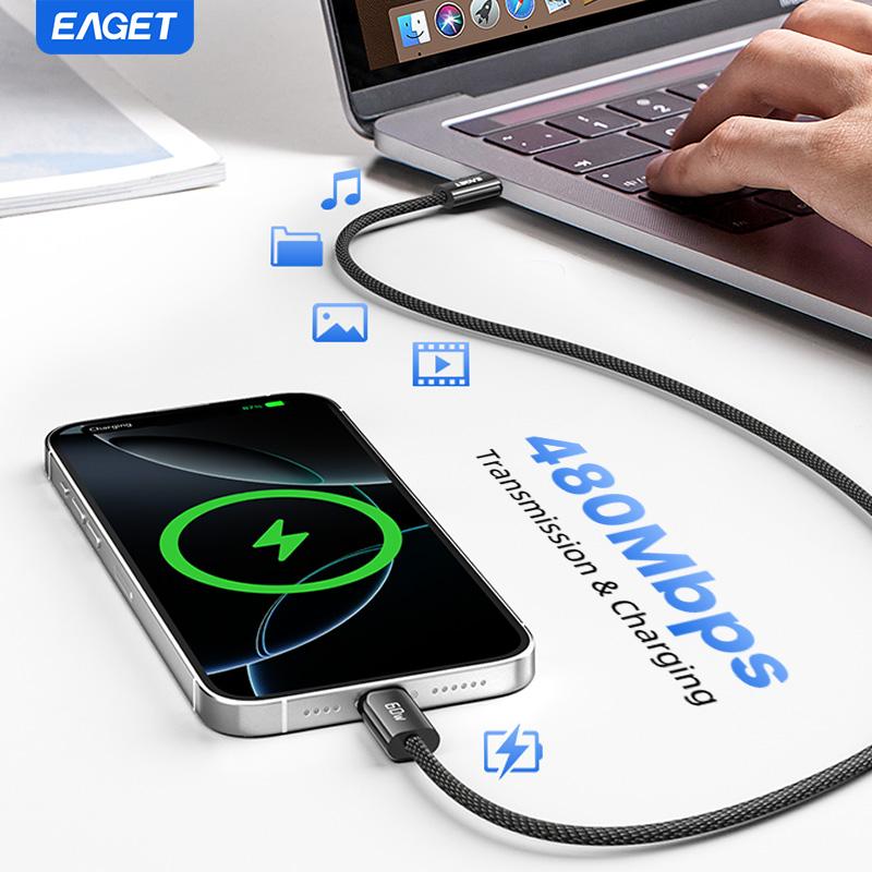 EAGET 60W PD USB Type C To Type C Cable Data Cord 48 Strands of Braided Yarn  Fast Charging  With for IPhone15, Android