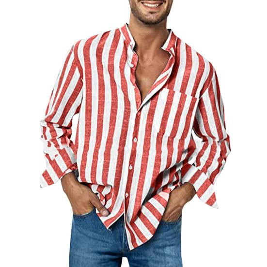 Men Shirt Long Sleeve Stand Collar Loose High Elasticity Casual Dress-up Stripe Printing Striped Shirts Casual Linen Buckle Top for Dating