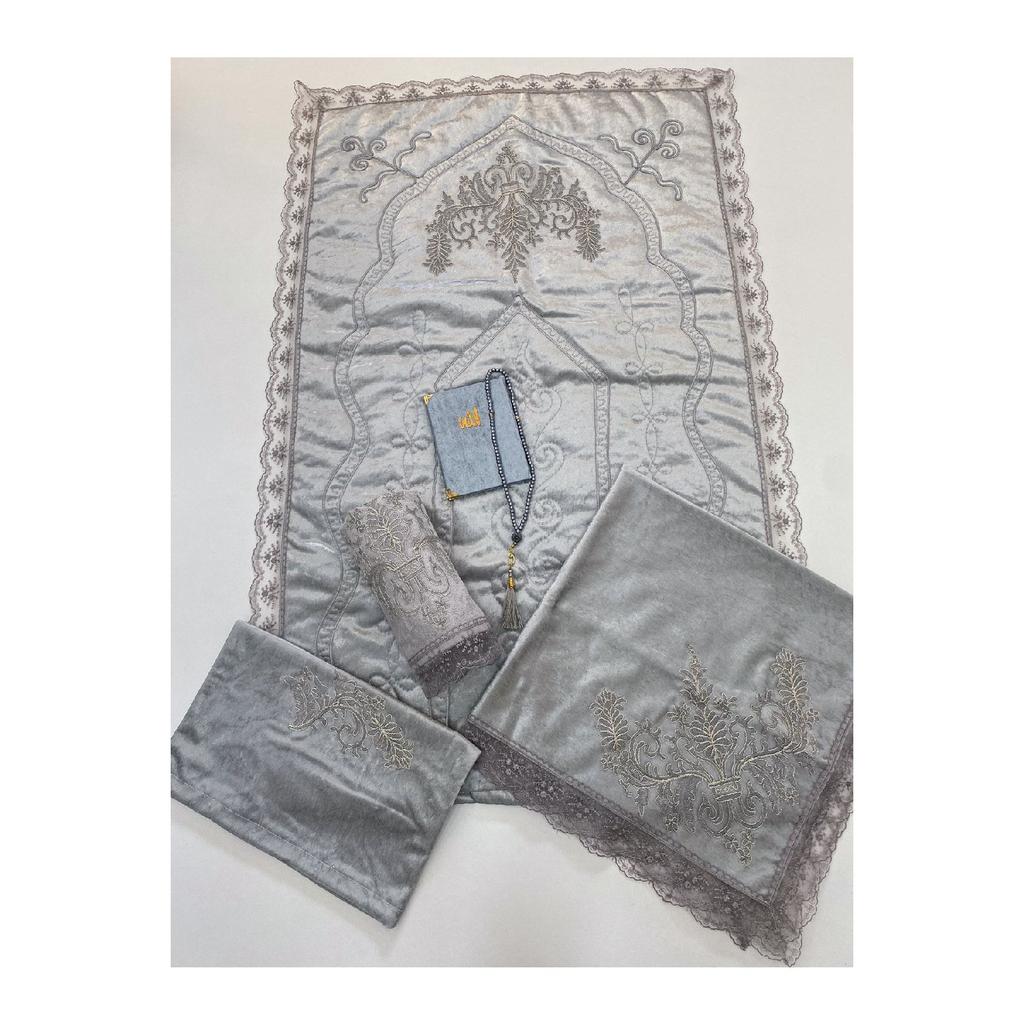6 Piece Prayer Rug Set, Dowry Bundle Boxed, Velvet Laced Bride And Groom Set