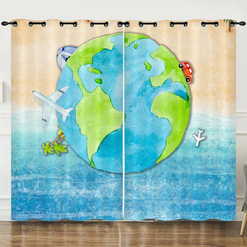 Curtain Hand-Drawn Map Simple Wind 3D Digital Printing Blackout Curtain Punching
