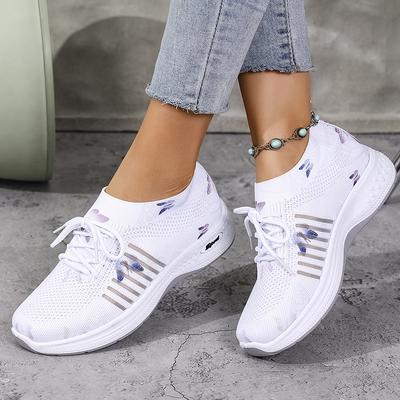 Модные белые кроссовки из дышащей сетки с принтом, женские, весна-осень, на мягкой подошве, вязаные балетки, женские слипоны, удобные, нескользящие, для ходьбы
