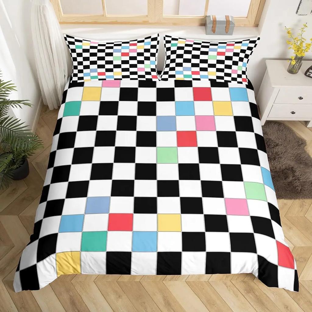 Комплект пододеяльника в клетку Квин Кинг Шахматный комплект постельного белья Для детей Взрослых Современный декор комнаты Набор из 3 предметов с 2 наволочками