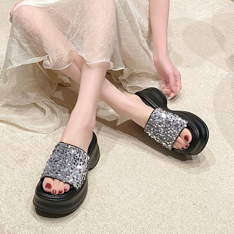 Fashion 7CM Bling Platform Wedge Slippers Women New Summer Shoes Outdoors Breathable Slides Beach Leather Flip Flops Shoe Chunky Sandals