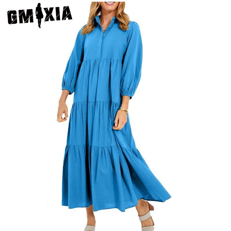 GMXIA Women's Fashion Spring Autumn Solid Color Print Long Sleeve POLO Neck High Waist Casual Dresses
