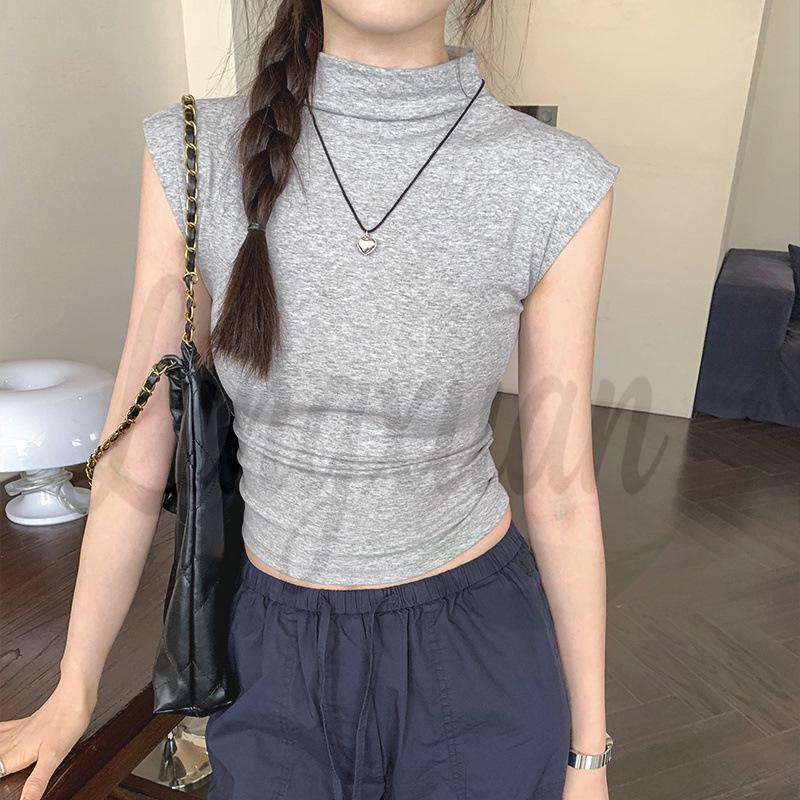 Женская облегающая футболка с открытой спиной: Летний, без рукавов, с полувысоким воротником, стиль 'hot girl'