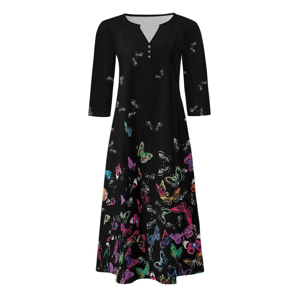 Женское летнее повседневное платье с V-образным вырезом на пуговицах, винтажным цветочным принтом, рукавом три четверти, длинное, с карманами
