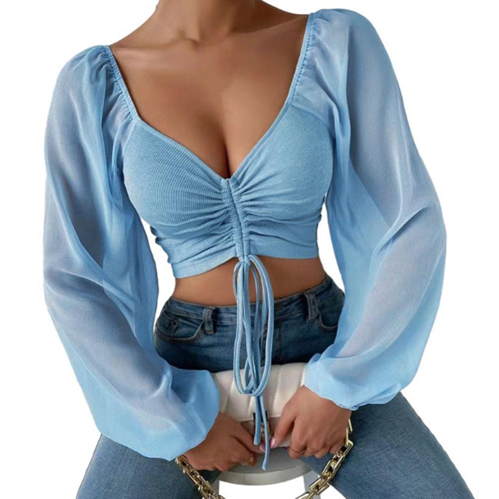 Женские топы с пышными рукавами, сексуальные облегающие футболки с v-образным вырезом и шнуровкой