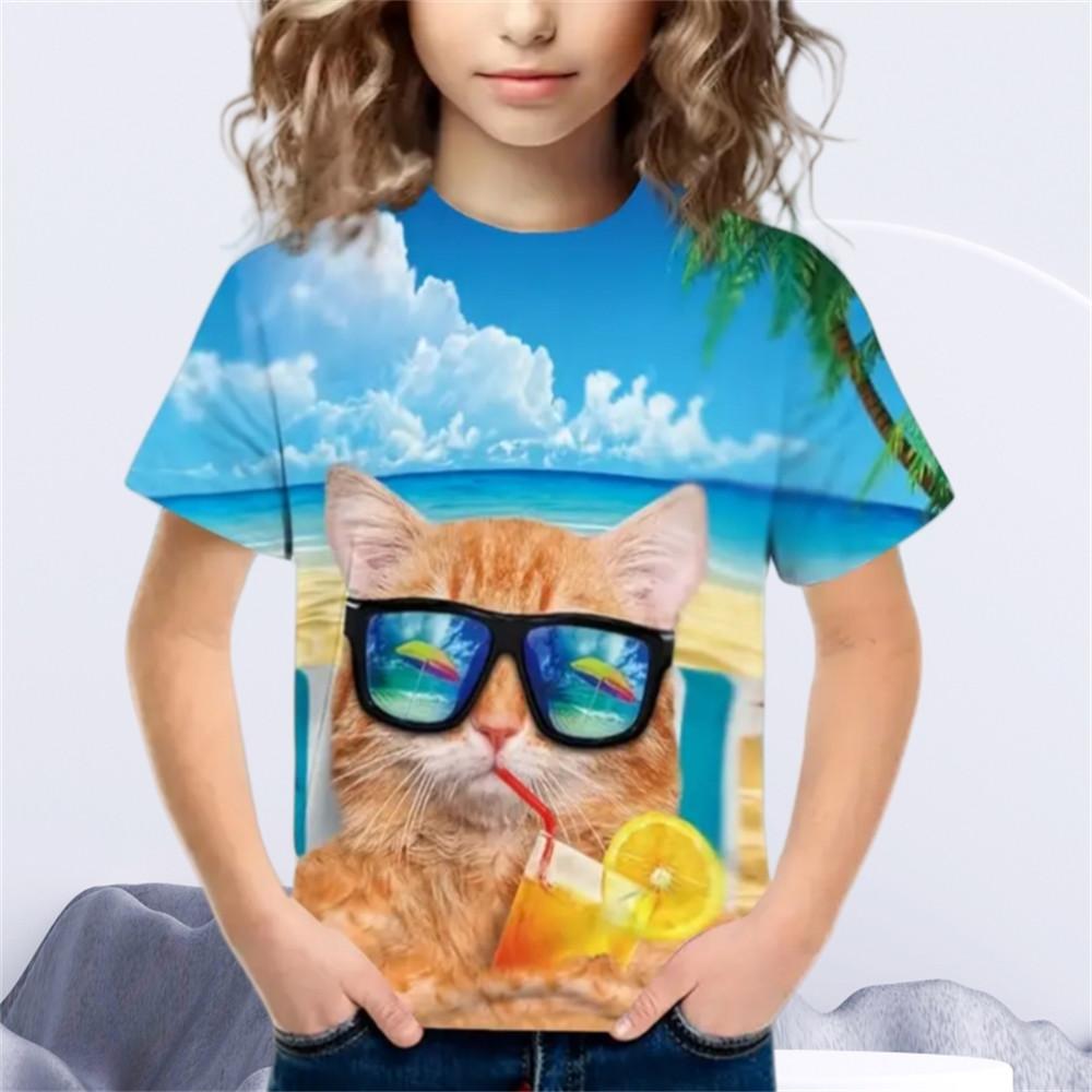 Детская одежда для мальчиков и девочек Футболка с принтом 3D Cat и короткими рукавами, топ с круглым вырезом