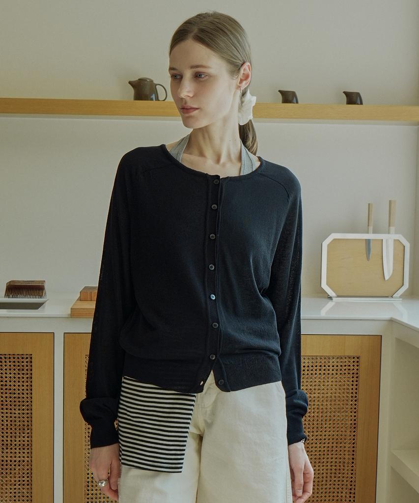 VLETI Linen Blend Raglan Button Knit Cardigan (Black)