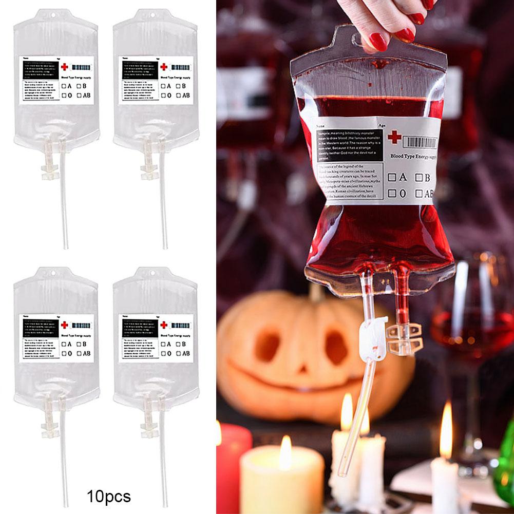 10PCS Blood Energy Drink Bags 350ML Halloween Blood IV Bags Vampire Zombie Drinks Bags for Masquerade Party Decor Prop