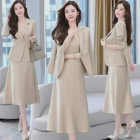 Women's Spring Chic Two-Piece Suit Dress: Mid-Length Suspender Dress with Elegant Style, Available In Plus Sizes