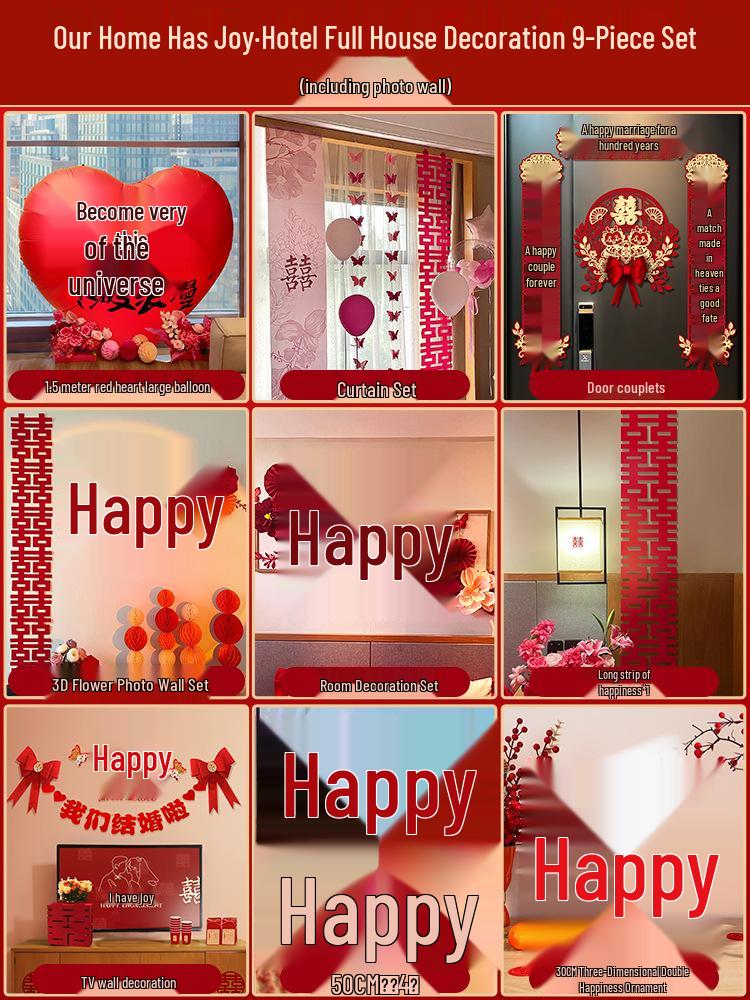 Bridal Wedding Room Decoration Set with No-Trace Double Happiness for Hotels and Living Rooms