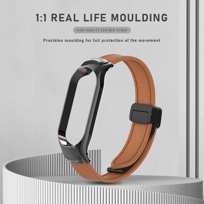 Для Mi Band 7 магнитная пряжка, ремешок из натуральной кожи + металлический корпус для часов для Xiaomi Smart Band 8/Band 7/Band 6/5/4/3, сменный браслет