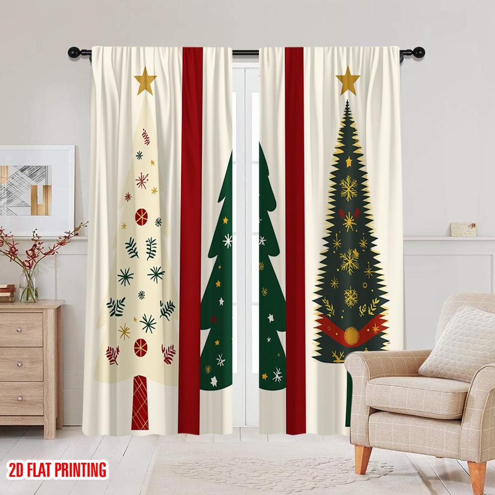 2pcs,2D Plane Printing Print Curtains Christmas Trees Festive Collection (3) Durable 100% Polyester Fabric (without Rod)