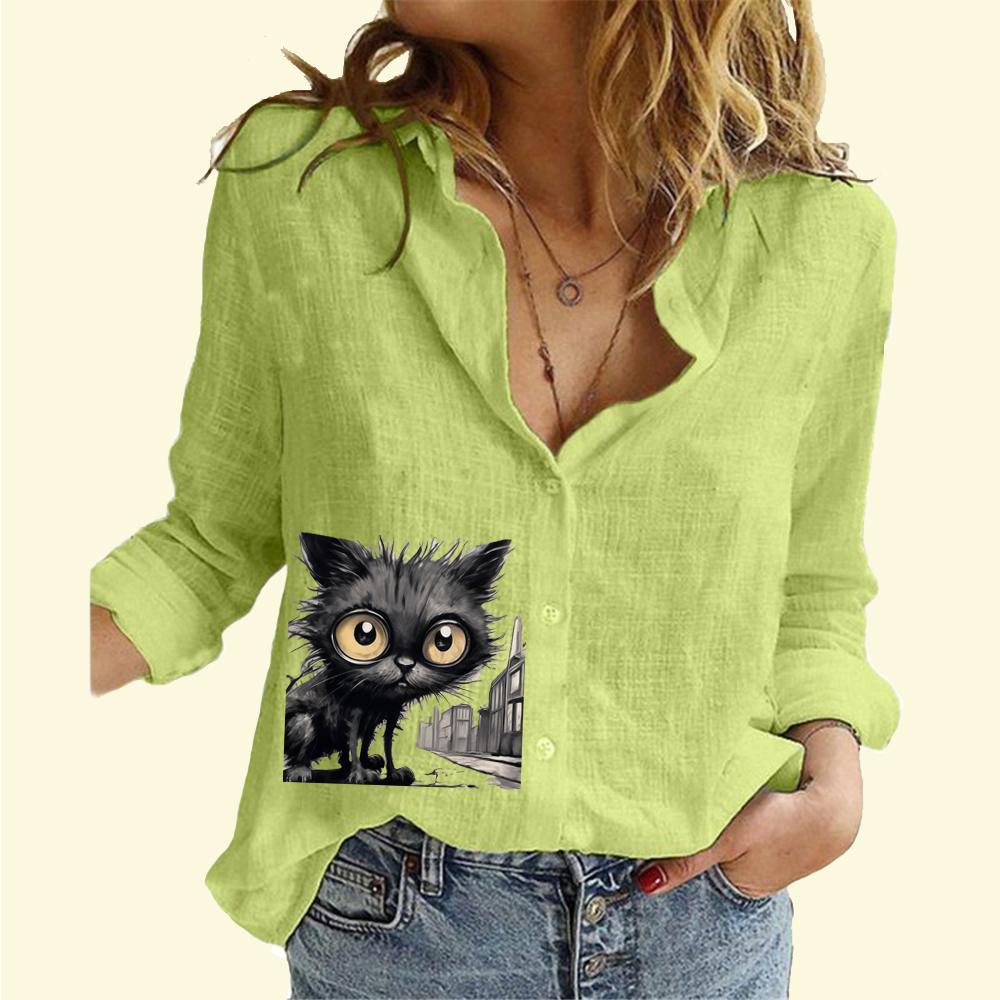Женская модная рубашка на пуговицах, повседневная, тонкая, с длинным рукавом, женская рубашка из хлопка и льна с принтом кота