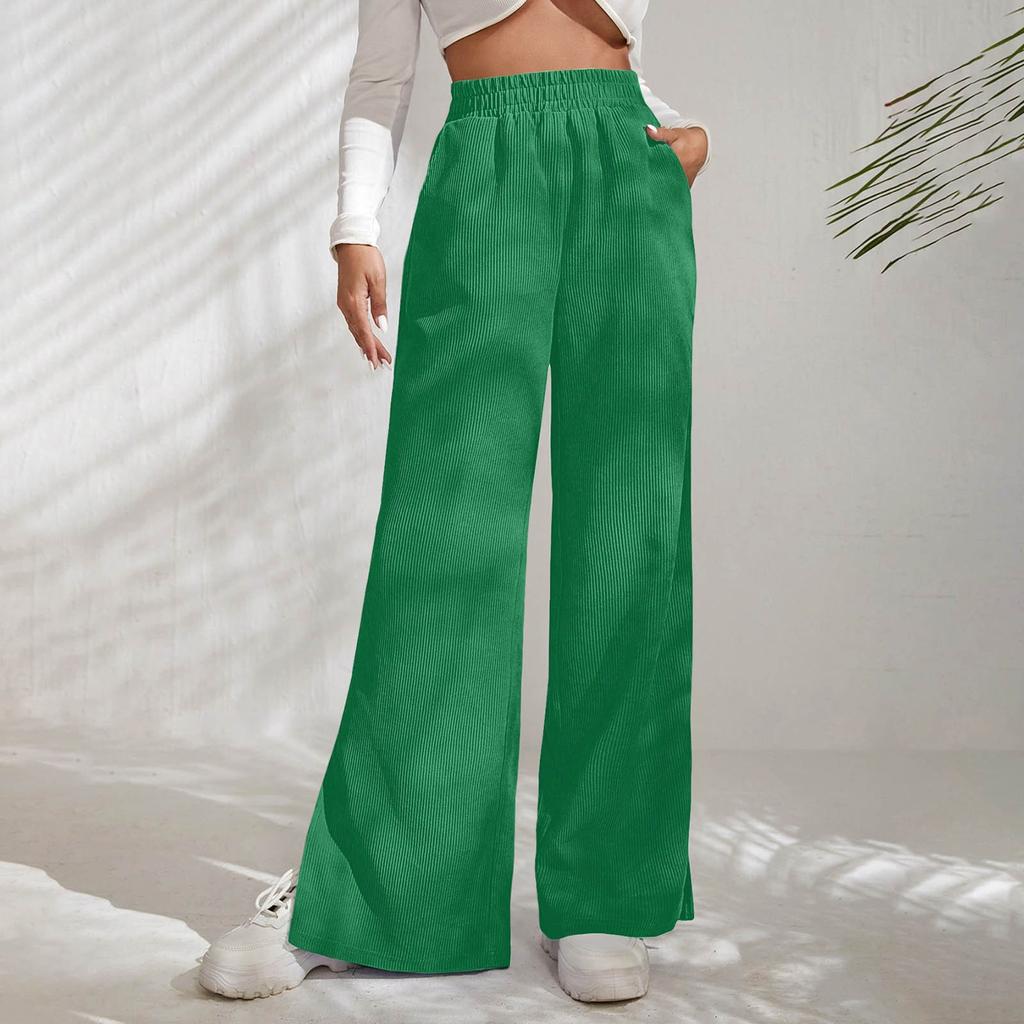 Women's High Waisted Casual Solid Color Corduroy Splicing Slit Hem Pants