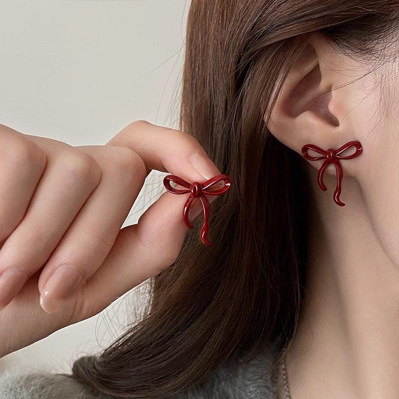Серьги-гвоздики Ankela Red Ribbon Bow-Knot Vintage для женщин, корейская мода, осень-зима, простые геометрические серьги-банты