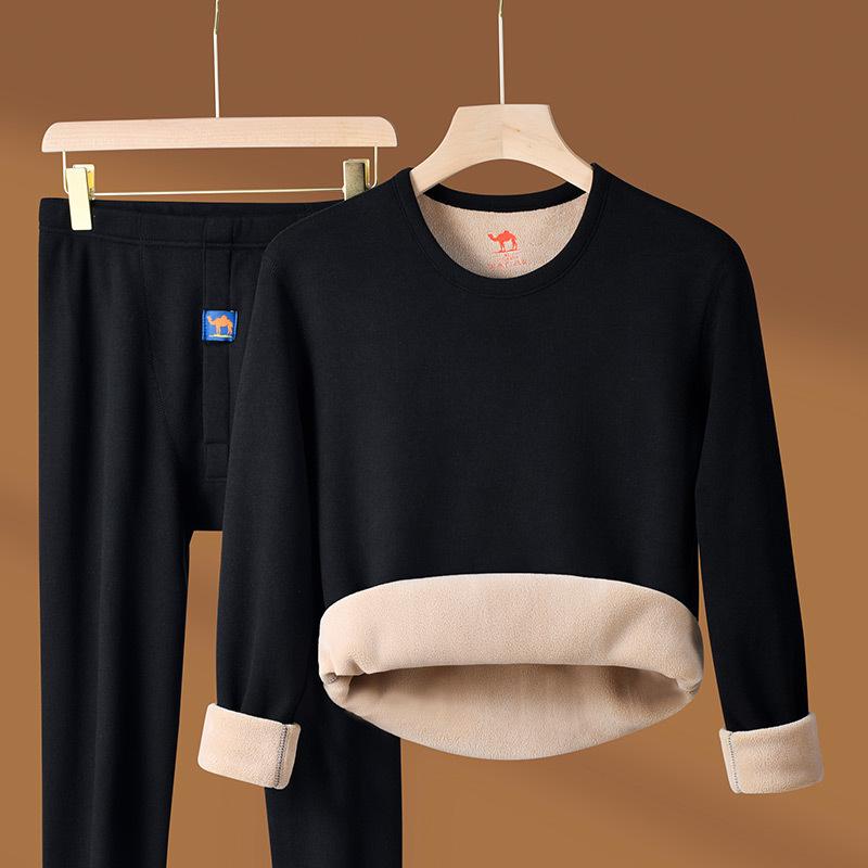 Men's Camel Hair Thermal Underwear Set: Half Turtleneck Top and Bottoms with Velvet Lining for Winter