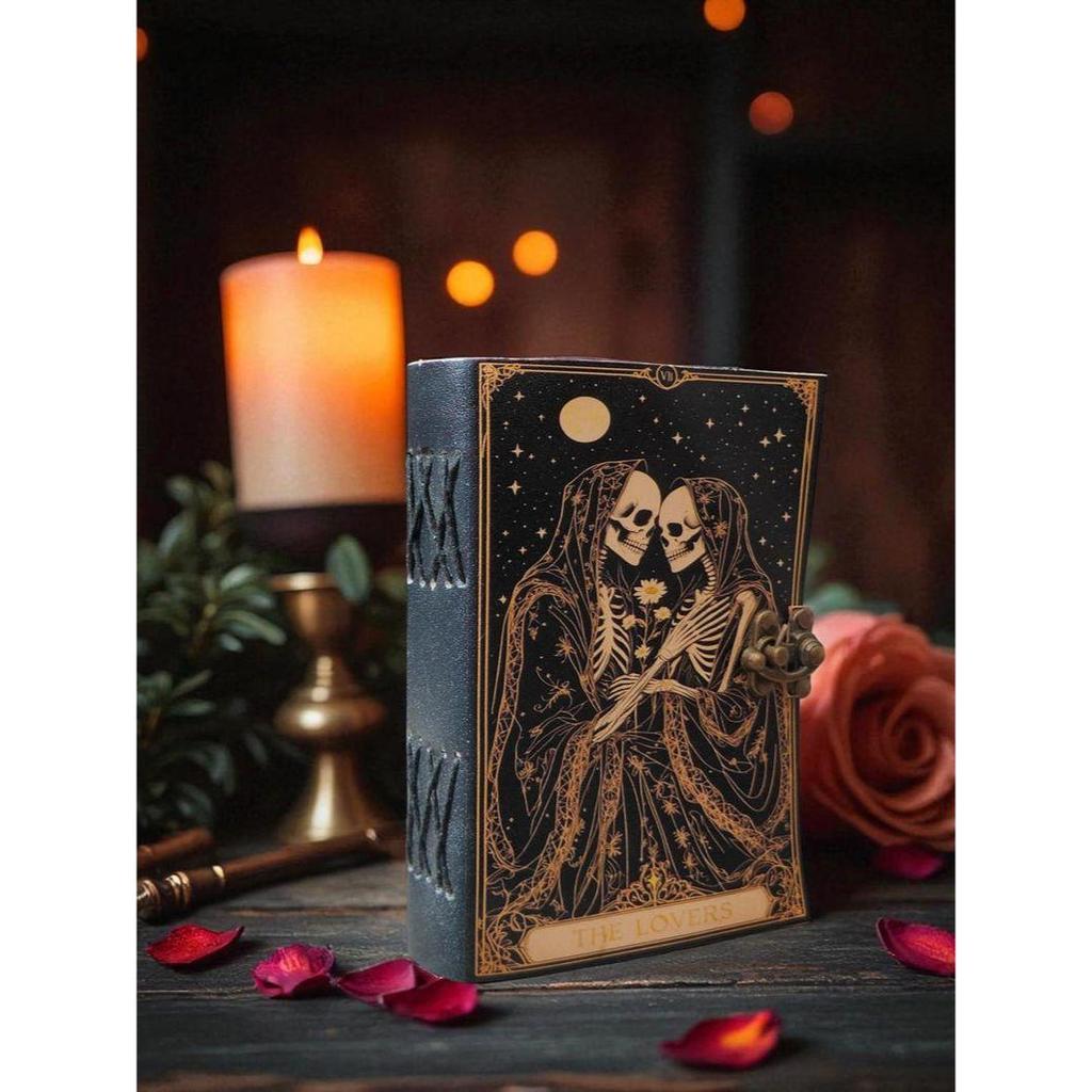 Book of Spells Grimoire Printed Journal The Lovers Tarot Notebook Spiral Gothic Notebook Skull Lover Antique Journals Gifts for Men or Women