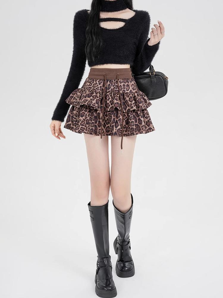 Женская леопардовая юбка Y2k Shoujo Girl Aesthetic 2000s Mini Ruffles Skirt Gyaru Coquette с эластичной талией Cyber Punk Cake Skirt