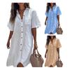 Women Shirt Lapel Short Sleeve Casual Commuter Style Shirt Solid Color Loose