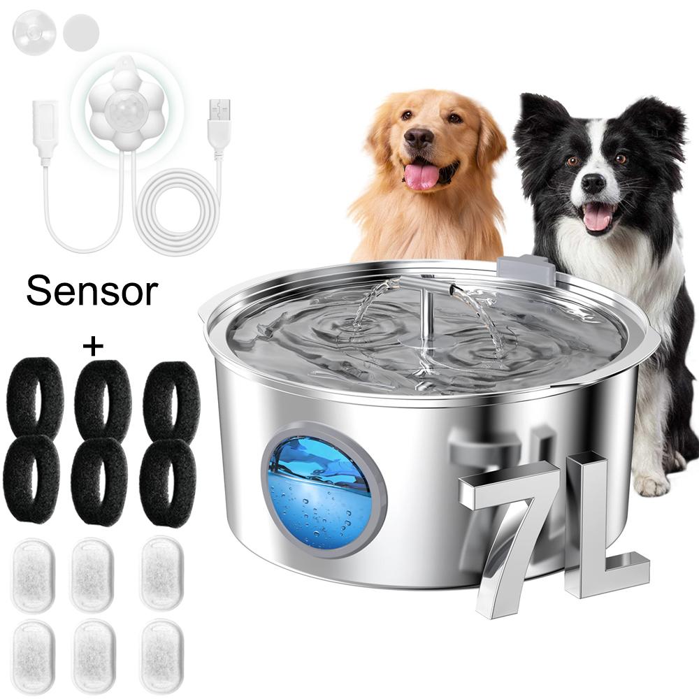 7 л Большая емкость Нержавеющая сталь Кошка Собака Питомец Питьевой фонтанчик С окном уровня воды Бесшумный водяной насос Диспенсер USB Водяная миска