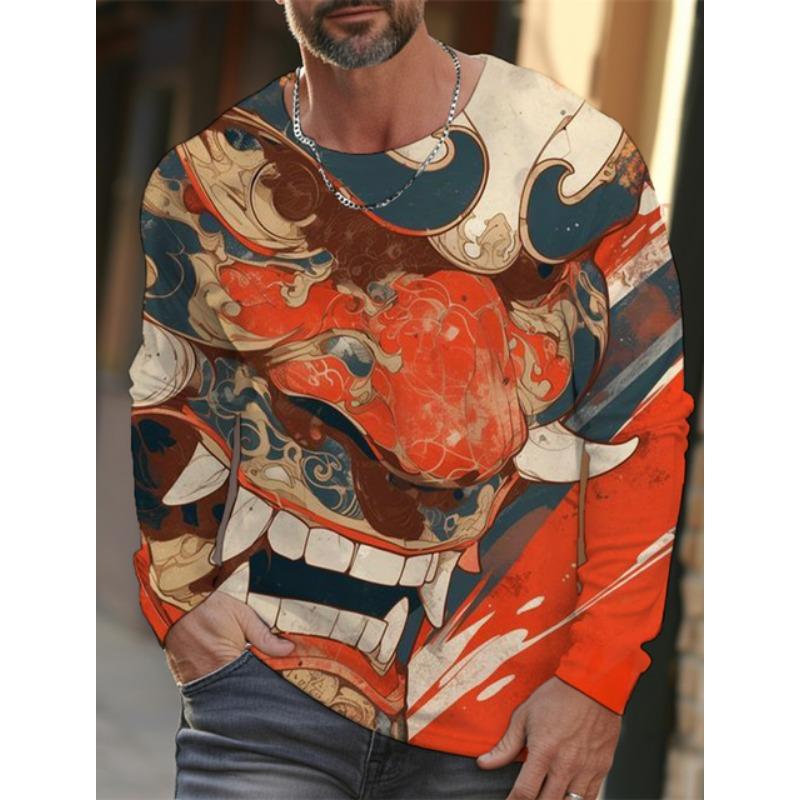 Новая мужская футболка с длинными рукавами Ukiyoe с 3D-печатью, высококачественный рисунок волн и кошек, мужской осенний повседневный топ с круглым вырезом
