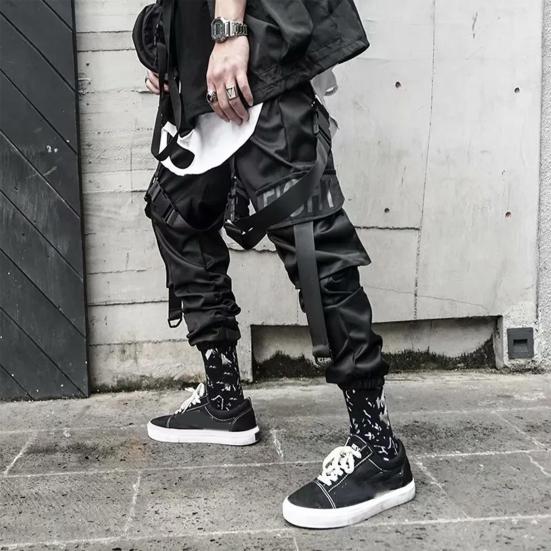 Мужские брюки-карго в стиле хип-хоп, индивидуальные прямые брюки с ремешком, декор, сплошной цвет, глубокая промежность, свободная уличная одежда, эластичная талия, мужские брюки с ремешками на щиколотке