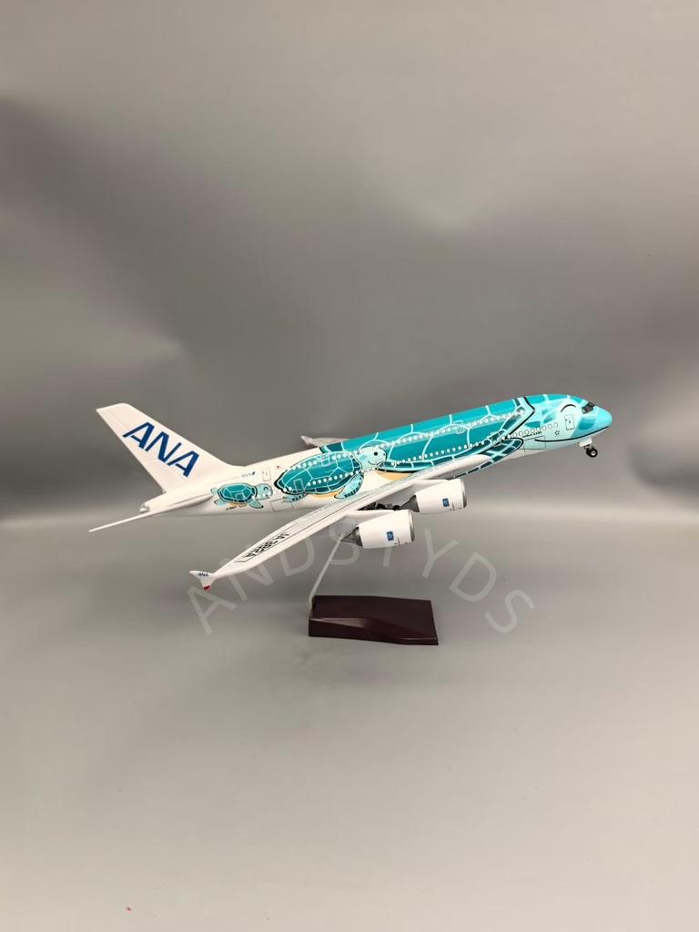 Diecast Resin 47cm Japan ANA Airways Model A380 Green Sea Turtle Plane With Stand & LED 1/160 Scale Airplane Collection