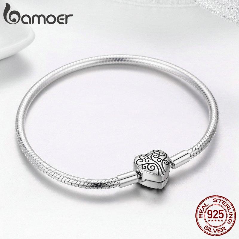 BAMOER 100% 925 Sterling Silver Spring Tree of Life Heart Shape Clasp Snake Chain Bracelet