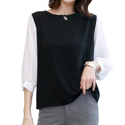 Блузки для Crew Круглый Осень [KumiModa] Женщины, Топы, Рукава 3/4, Полосатый, Пуловер, Шея, Шея, Скрывающий фигуру, Однотонный, Тонкий, Простой, Стильный,