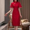 Красное кружевное женское платье Cheongsam, элегантное тонкое платье в стиле ретро с воротником-стойкой и рукавами 3/4, жаккардовое кружево Ципао, вечернее свадебное платье в китайском стиле