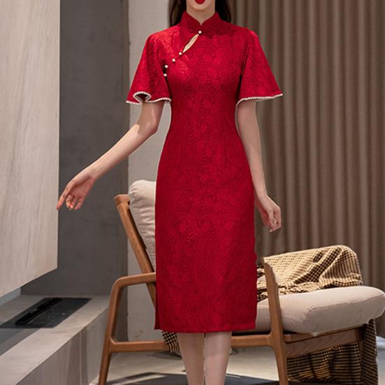 Красное кружевное женское платье Cheongsam, элегантное тонкое платье в стиле ретро с воротником-стойкой и рукавами 3/4, жаккардовое кружево Ципао, вечернее свадебное платье в китайском стиле