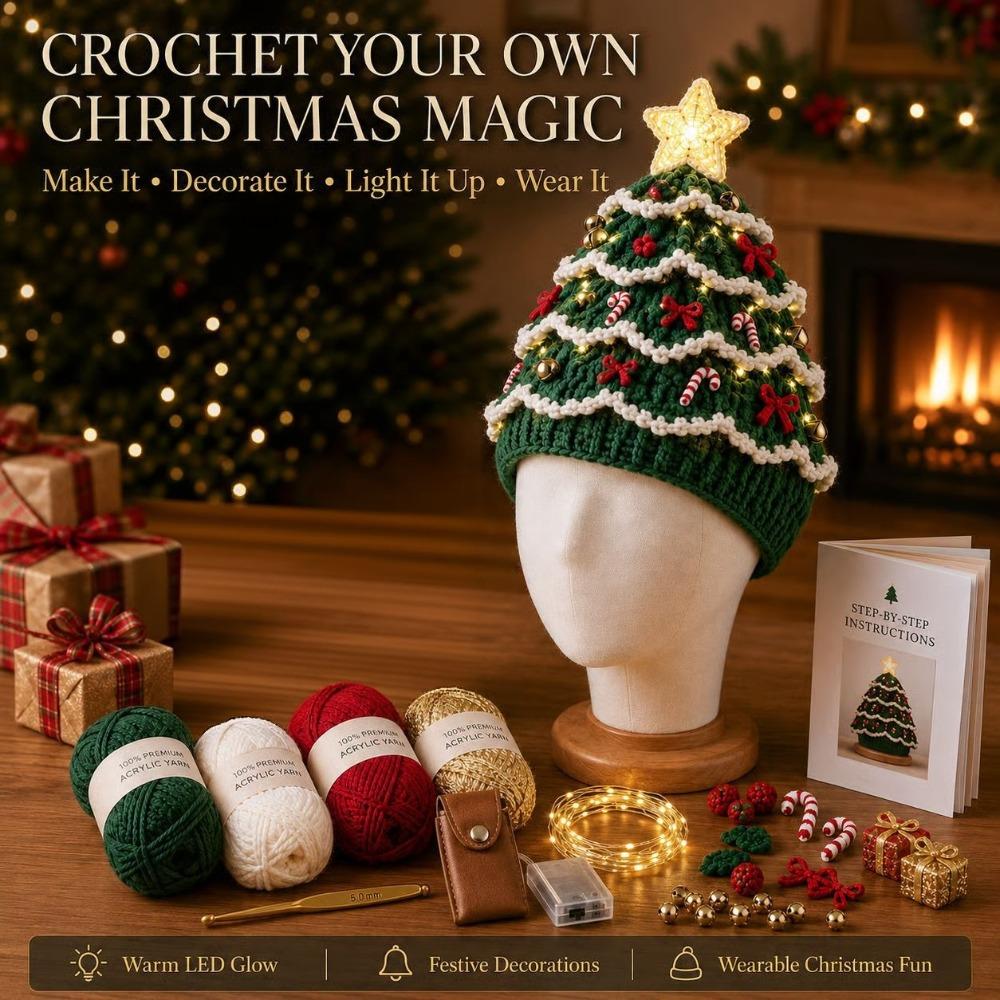 Colorful Handmade Beanie Knitting Hat Set X-mas Tree DIY Hand Crochet Hood Hat Beginners