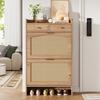Modern shoe cabinet with rattan double doors, 2 drawers, multi-level storage, narrow, for hallway and entrance, wood look, 65 × 25 × 106 cm