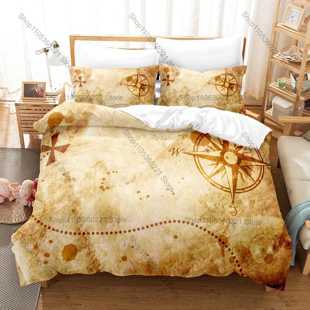 Retro Map Compass Bedding Set, Duvet Cover + 2 Pillowcases, Classic Navigation Graphic Bed Linens