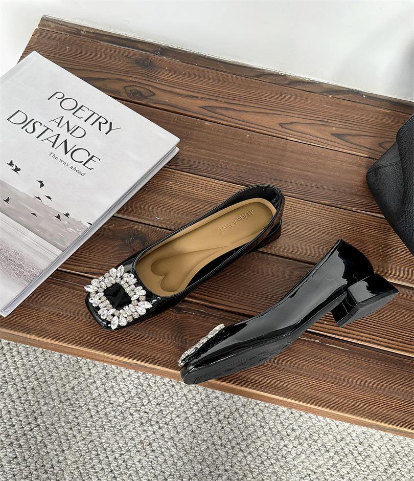 Temperament Rhinestone Square Buckle Single Shoes Fairy Shoes 2025 Korean Version Inner Height Increase One Pedal Commuter Shoes
