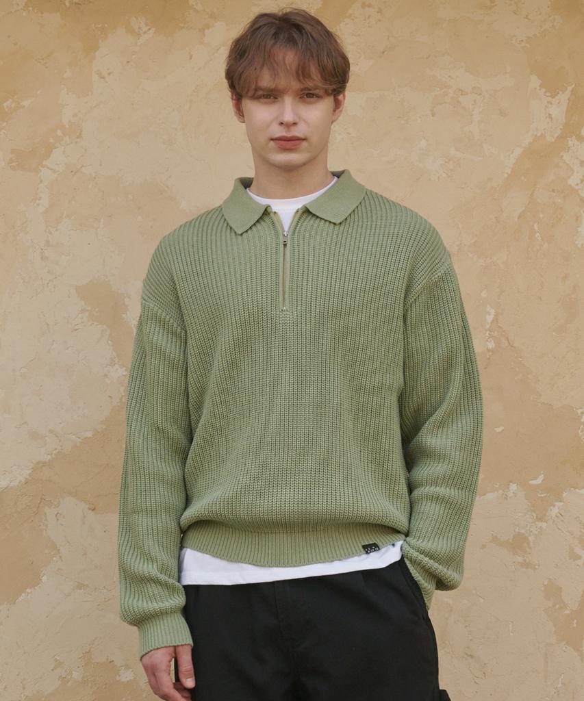 ESN Punched Collar Neck Half-Zip Knit Olive